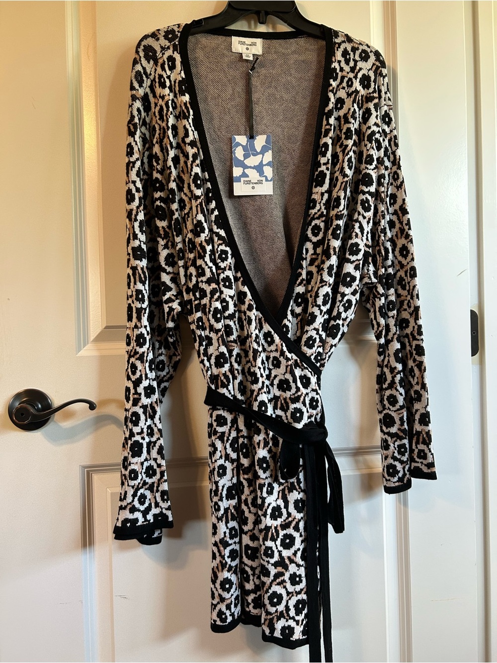 Diane Von Furstenberg Black and Cream Floral Knit Wrap Sweater